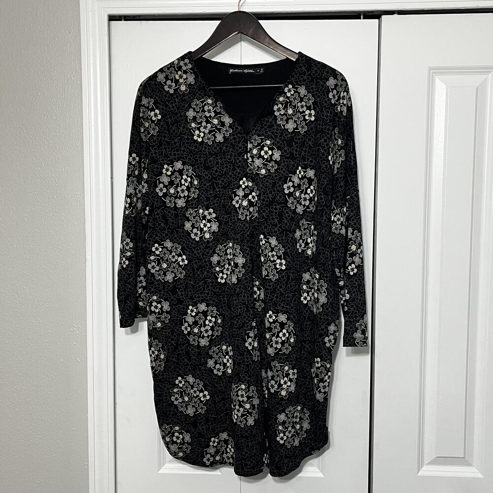 Gudrun Sjödén Dress Womens Medium Black Floral Boho Jersey Shift 3/4 Sleeve
